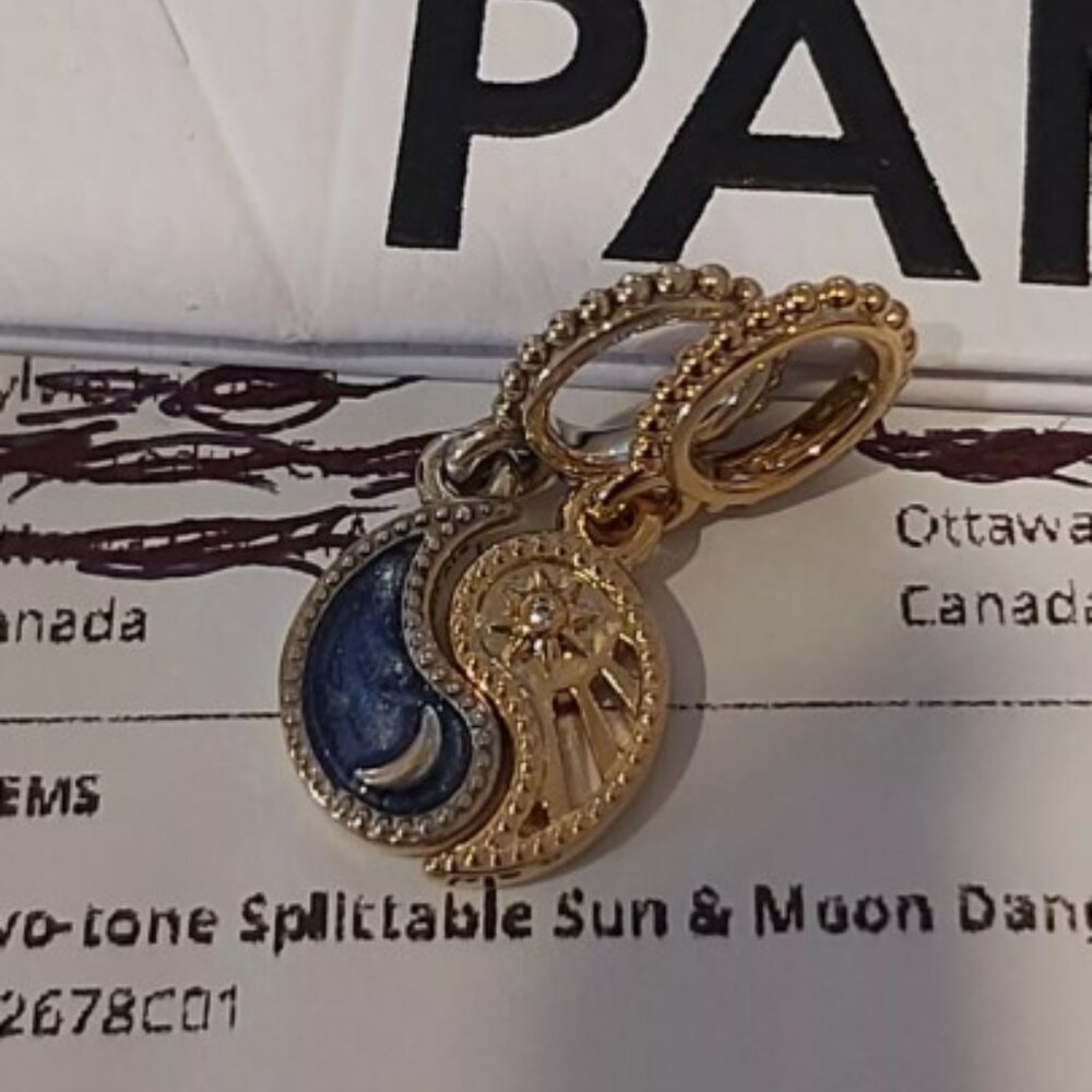 Auth PANDORA SS and 14k plated Two-tone Splittable Sun & Moon Dangle 762678C01